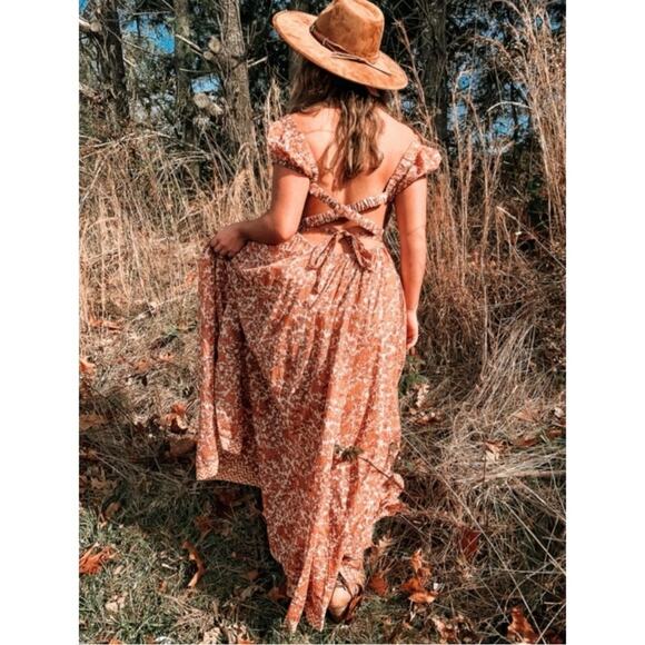 Free People Ultraviolet Maxi Dress in Tea Combo Size Large Prairie Cut Out Back - Picture 7 of 16